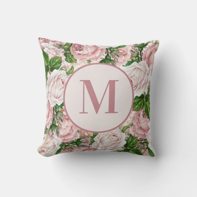 Vintage Antique Pink Flowers Monogram Initial Throw Pillow (Front)