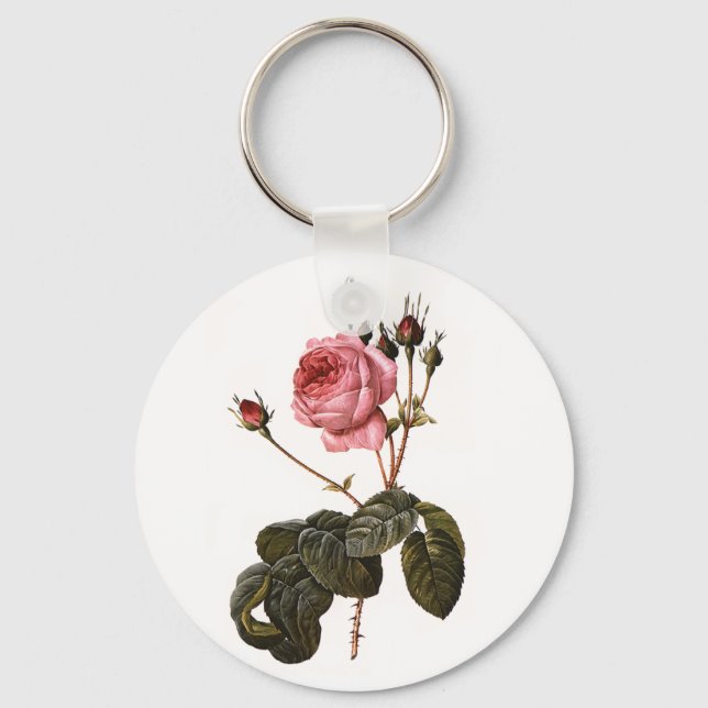 Vintage Antique Pink Garden Roses in Bloom Keychain (Front)