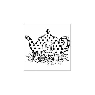 Vintage Antique Polka Dot & Floral Teapot Monogram Rubber Stamp