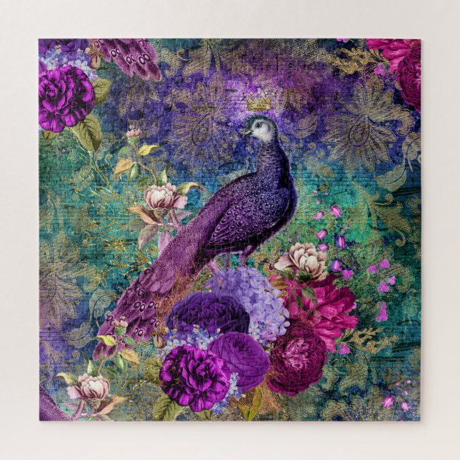 Vintage Antique Purple and Teal Peacock Jigsaw Puzzle (Vertical)