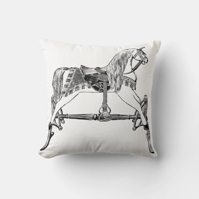 vintage antique rocking horse pillow black, white (Front)