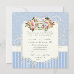 Vintage Antique Roses Floral Bouquet Blue White Invitation