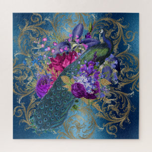 Vintage Antique Royal Blue and Teal Peacock Gold Jigsaw Puzzle