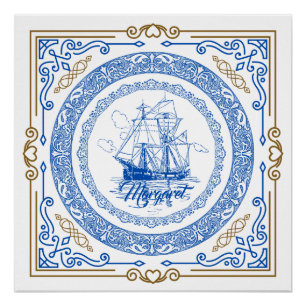 Vintage antique royal blue ship decorative border  poster
