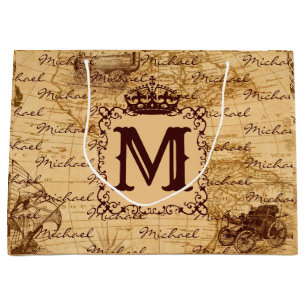 Vintage antique royal king world map rustic  large gift bag
