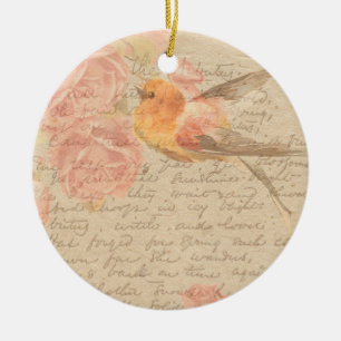 Vintage Antique Shabby Chic Script & Bird Floral Ceramic Ornament