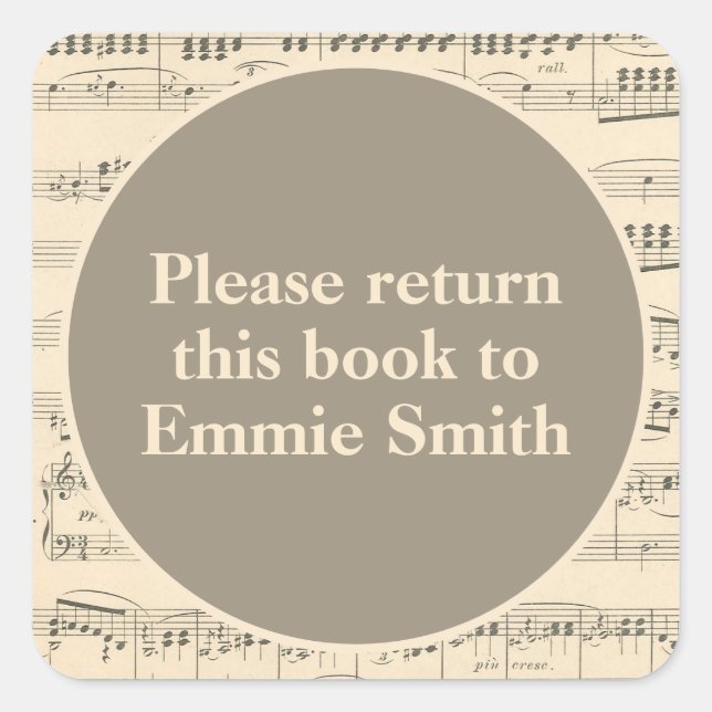 Vintage Antique Sheet Music Bookplate Name Square Sticker (Front)