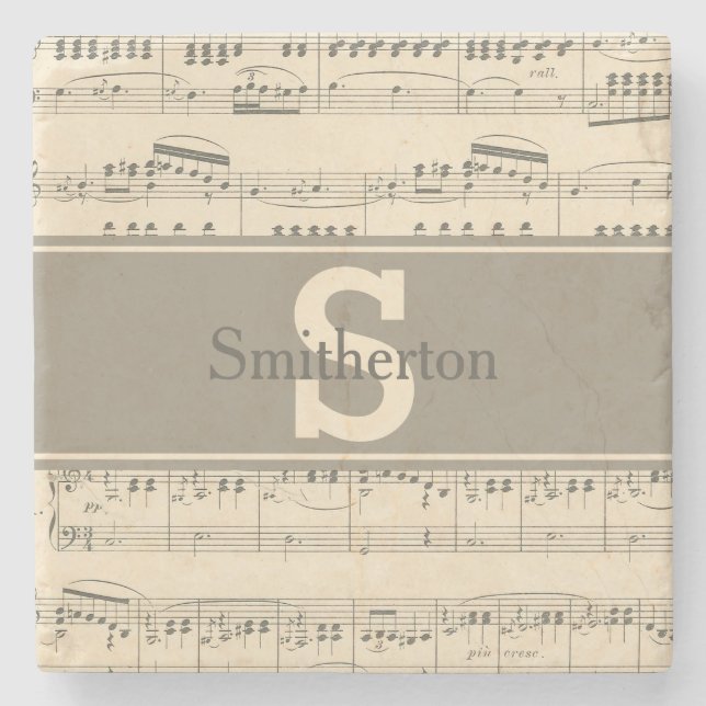Vintage Antique Sheet Music Monogram Stone Coaster (Front)