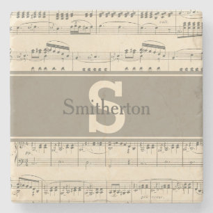 Vintage Antique Sheet Music Monogram Stone Stone Coaster