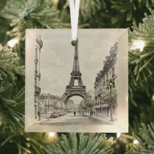 Vintage antique travel illustration of Paris Glass Ornament