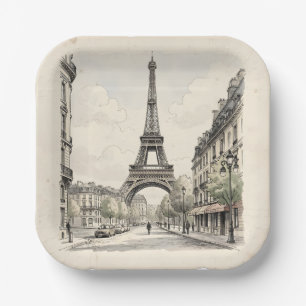Vintage antique travel illustration of Paris Paper Plate