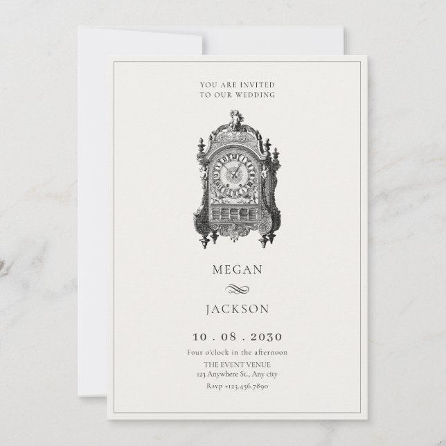 Vintage antique wall clock wedding invitation (Front)