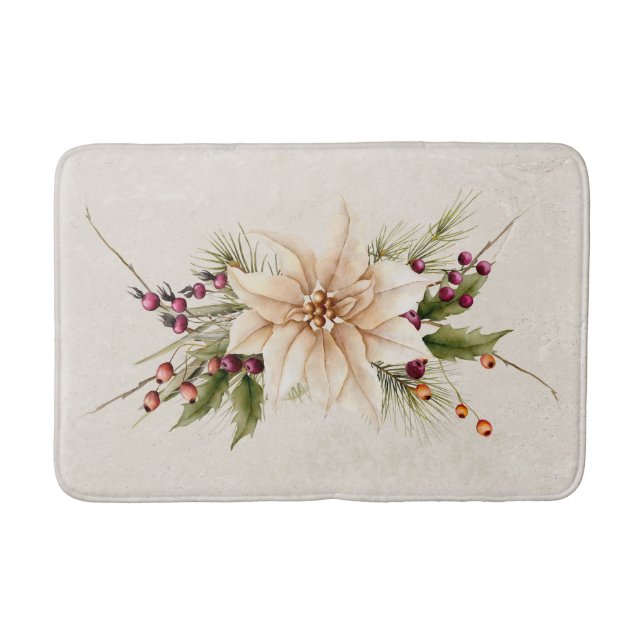 Vintage Antique White Christmas Poinsettia  Bath Mat (Front)