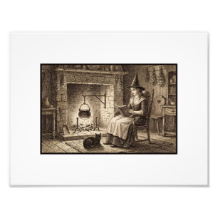 Vintage Antique Witch and Black Cat Reading Book Photo Print