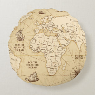 Vintage antique world map with countries boundarie round pillow