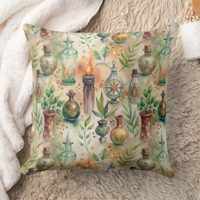 Vintage Apothecary Bottles Pattern (5) Throw Pillow (Blanket)