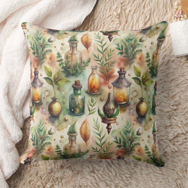 Vintage Apothecary Bottles Pattern Throw Pillow (Blanket)