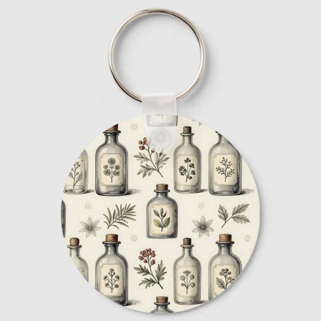 Vintage Apothecary Herb Bottles Pattern Keychain (Front)