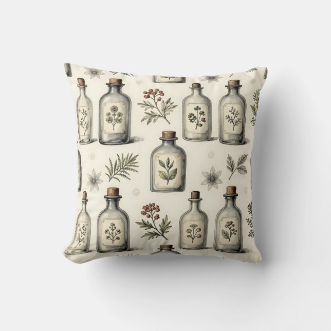 Vintage Apothecary Herb Bottles Pattern Throw Pillow (Front)