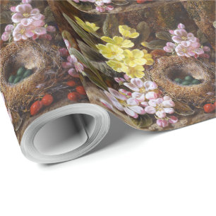 Vintage Apple Blossom Primroses and Bird's Nest Wrapping Paper