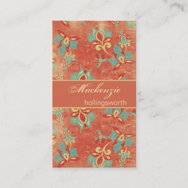 Vintage Aqua and Tangerine Floral Business Card (Front)
