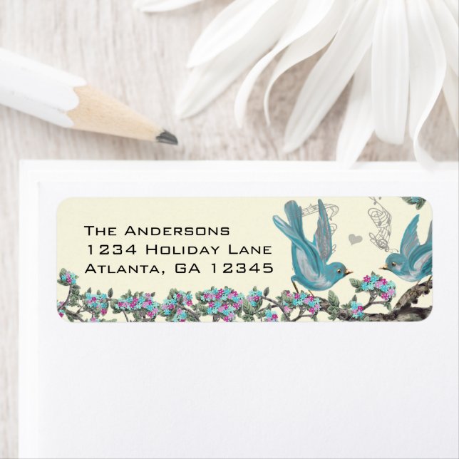 Vintage Aqua Birds Hot Pink & Aqua Flower Labels (Insitu)