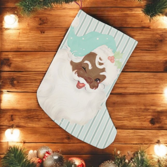 Vintage Aqua Blue Black Santa Christmas Stocking (Creator Uploaded)