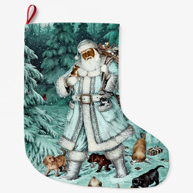 Vintage Aqua Blue Black Santa Christmas Stocking (Front)
