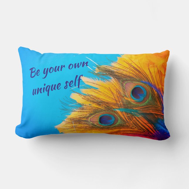 Vintage Aqua Blue Elegant Peacock Feather Lumbar Pillow (Front)