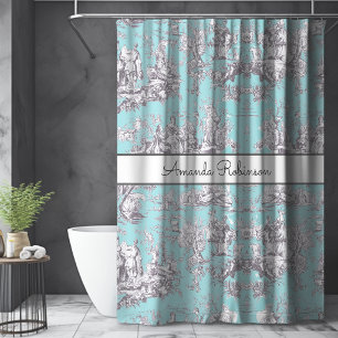 Vintage Aqua Blue Floral Toile de Jouy Monogram