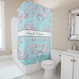 Vintage Aqua Blue Floral Toile de Jouy Monogram