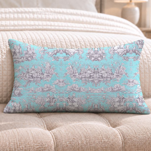 Vintage Aqua Blue French Country Floral Toile Lumbar Pillow