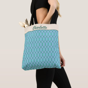 Vintage Aqua Blue Lines Pattern Personalized Tote Bag