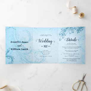 Vintage aqua blue scroll leaf flourish wedding Tri-Fold invitation