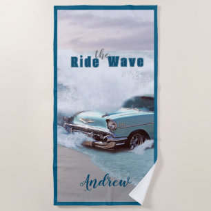 Vintage Aqua Car "Ride The Wave" Quote Ocean Beach Beach Towel