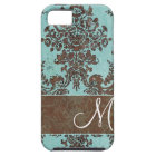 Vintage Aqua Damask Pattern with Monogram