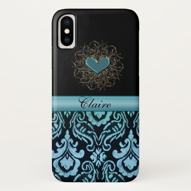 Vintage Aqua Damask with Heart Personalized Case (Back)