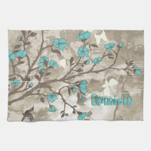 Vintage aqua flowers floral grunge custom kitchen towel