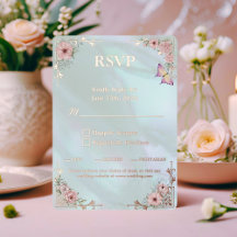 Vintage Aqua Peony Wedding Foil RSVP Response Card