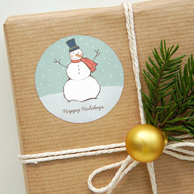 Vintage Aqua Winter Snowman Happy Holidays Classic Round Sticker (Creator Uploaded)