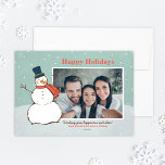 Vintage Aqua Winter Snowman Happy Holidays Photo Holiday Card<br><div class="desc">"Happy Holidays" landscape photo card design features a snowy winter scene with falling snowflakes and a happy snowman dressed in a top hat and scarf. Personalize with your photo and custom greeting below. Vintage aqua blue / green, orange / red and white design with navy blue and brown accent colours....</div>