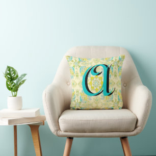 Vintage Aqua Yellow iKat Floral Monogram Pillow