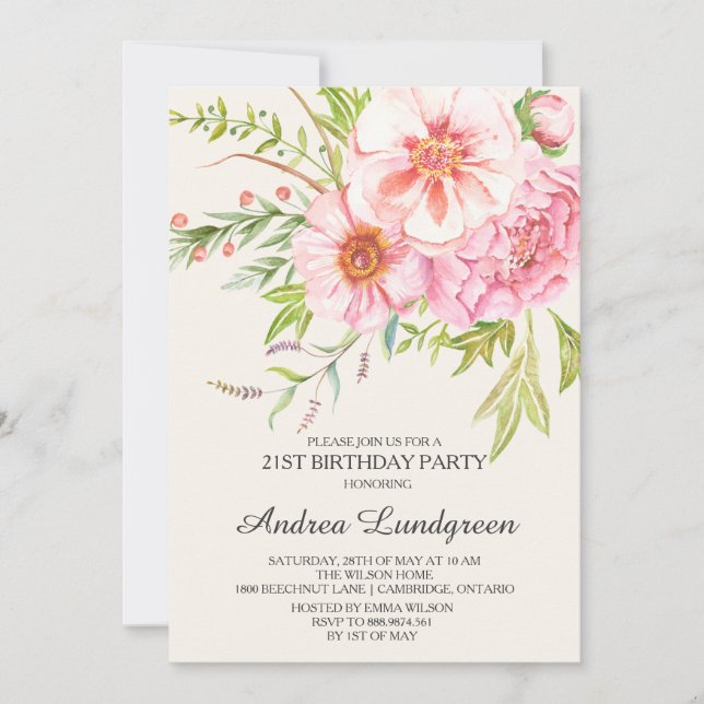 Vintage Aquarelle Peonies Invitation Anniversaire (Devant)