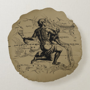 Vintage Aquarius Constellation by Hevelius 1690 Round Pillow