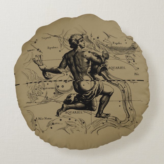 Vintage Aquarius Constellation by Hevelius 1690 Round Pillow (Back)