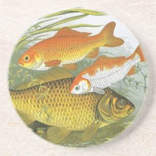 Vintage Aquatic Goldfish Koi Fish, Marine Sea Life Coaster