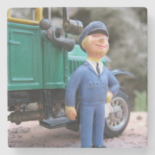 Vintage ARAL Gas Station Attendant and Model Car Stone Coaster