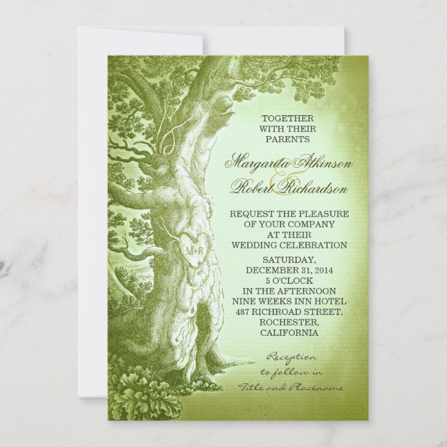 vintage arbre vert invitation de mariage rustique (Devant)