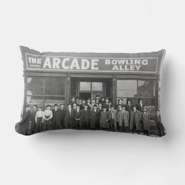 Vintage Arcade Bowling Alley and Patrons Lumbar Pillow (Front)