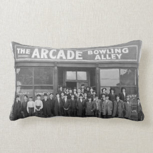 Vintage Arcade Bowling Alley and Patrons Lumbar Pillow